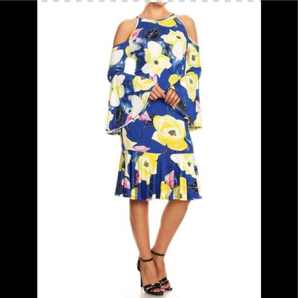 Blue and yellow floral dress. Floral printed midi.